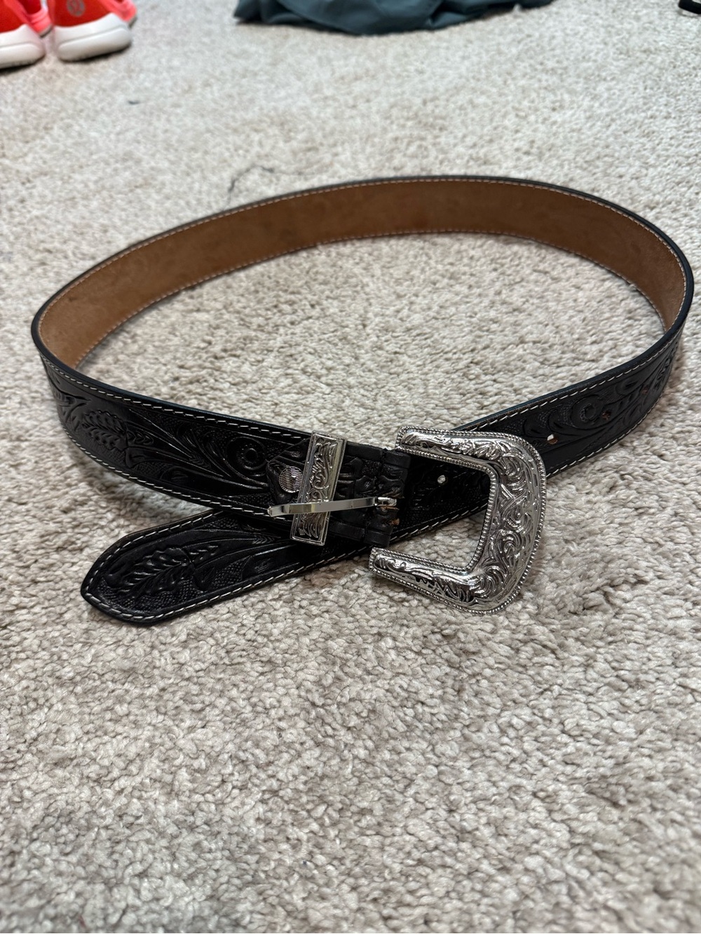 Black Tooled Leather Western Belt with Silver Buckle
